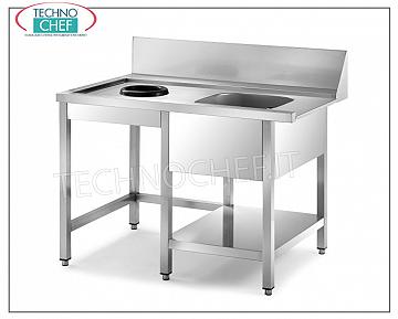 Prewash tables for hood dishwashers CLEANING and PRE-WASHING TABLE in DISHWASHER INLET with MACHINE AND TANK HOOK (mm. 400x400x300h) ON THE RIGHT, CLEARING HOLE ON THE LEFT, complete with rear BACKSTAND (200mm), panelling, LOWER SHELF, - dimensions mm. 1200x700x850h