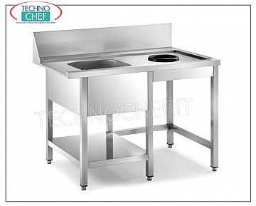 Prewash tables for hood dishwashers CLEANING and PRE-WASHING TABLE in DISHWASHER INLET with MACHINE AND TANK HOOK (mm. 400x400x300h) ON THE LEFT, CLEARING HOLE ON THE RIGHT, complete with rear BACKSTAND (200mm), panelling, LOWER SHELF, - dimensions mm. 1200x700x850h