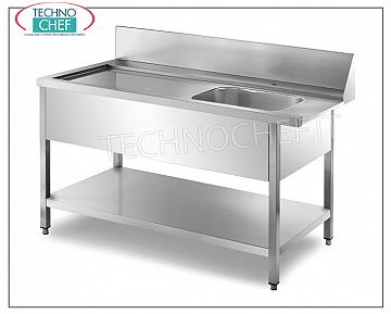 Prewash tables for hood dishwashers PREWASH TABLE in DISHWASHER INLET with MACHINE HOOK and TANK (mm. 500x400x300h) on the RIGHT, complete with REAR BACKSHAND (200mm), perimeter PANELS and LOWER SHELF - dimensions mm. 800x700x850h