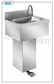 Washbasin in stainless steel with column and pedal control, can be installed on the wall Wall-mounted stainless steel washbasin with backsplash, semicircular basin complete with pedal control with dispenser and column casing, dimensions, mm. 500x400x800h