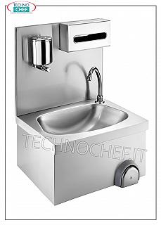 Washbasin in stainless steel with back, can be installed on the wall Wall mounted stainless steel washbasin with backrest, semicircular basin complete with knee control and dispenser, soap dish and towel holder dimensions, mm. 500x400x520h
