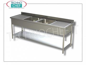 Professional stainless steel sink with 2 CENTRAL bowls and 2 drainer, Line 700 2 bowl sink (50x50x30h cm) CENTRAL with 2 drains, Paneled version with lower shelf, dimensions 2000x700x950h mm