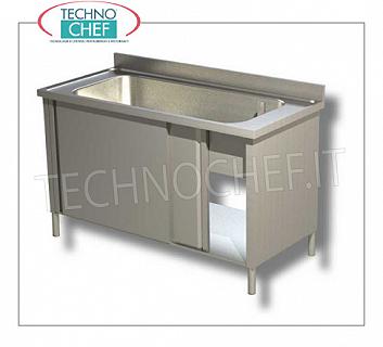 Stainless steel pan for washing pots cupboard version, Line 600 Bowl for washing pots with SINGLE LARGE TANK 800x500x350h mm, CABINET VERSION with SLIDING DOORS, dim.mm.1000x600x850h