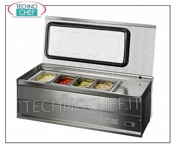 STAINLESS STEEL DISPLAY CASE for ICE CREAM, complete with tempered glass LID 18/10 STAINLESS STEEL SHOWCASE/CONTAINER, tempered glass lid with STATIC REFRIGERATION, operating temperature -12°/-18 °C, capacity 4 trays of 2500 cc, V 230/1, kw 0.2, dimensions mm 940x500x360h