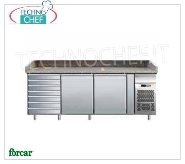 Pizza Counter 2 Doors, 7 Drawers, Granite Top, Ventilated, Class B REFRIGERATED PIZZA COUNTER 2 DOORS, CHEST OF 7 DRAWERS, GRANITE top, temperature +2/+8°C, V.230/1, Ventilated, ECOLOGICAL in Class B, Gas R290, Kw.0.26, Weight 362 Kg, dim .mm.2025x800x1000h