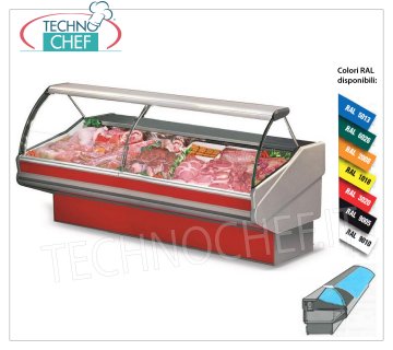 DUCTED REFRIGERATED COUNTER with DEEP TOP 95.8 cm, CURVED GLASS, VENTILATED, Temp. 0 ° / + 2 ° C Refrigerated ductable display counter for MEAT or GASTRONOMY, ventilated, temp. 0 ° / + 2 ° C, CURVED GLASSES that open UPWARDS, with 95.8 cm deep top, complete with refrigerated reserve, V.230 / 1, Kw. 0,455, Weight 130 Kg, dim.mm.1060x1138x1260h