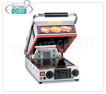 TECHNOCHEF - Single Ceramic Glass Plate, Smooth Top and Striped cm.25x25, Mod.PF2097 OVEN PLATE IN TABLE GLASS, with LISCIO lower surface and RIGATO upper surface of 250x250 mm, 2 handle positions: ↑ oven and ↓ plate, GRILL function, V.230 / 1, Kw.13, Weight 21 Kg, dim .mm.360x500x560h