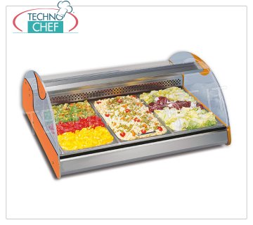 Technochef - REFRIGERATED COUNTER DISPLAY CABINET with CURVED GLASS, Temp. + 3 ° + 5 ° C, Static Refrigerated counter display case with curved glass, capacity 2 GN 1/1 containers, temperature + 3 ° / + 5 ° C, static refrigeration, internal lighting, V.230 / 1, Kw.0.31, Weight 47 Kg, dim .mm.720x900x430h
