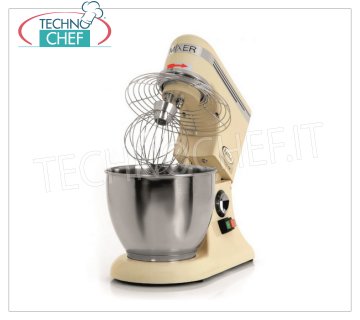 FAMA - Professional Planetary mixer from 7,5 lt - BAKER PM Line, Mod. PM7 Professional Planetary Dough Mixer with 7.5 liter stainless steel tank, BAKER PM Line, complete with hook, stainless steel spatula and whisk, electronic speed variator, V.230 / 1, Kw.0.325, Weight 15 Kg, dim.mm.250x420x420h