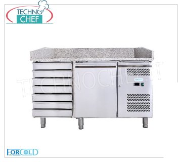 Refrigerated Pizza Counter 1 Door and 7 Drawers, Granite Top, Ventilated Class C REFRIGERATED PIZZA COUNTER 1 DOOR + DRAWER, granite top, Temp. -2 ° / + 8 ° C, Ventilated, ECOLOGICAL in CLASS C, GAS R600a, complete with refrigeration unit, V.230 / 1, Kw.0.275, Weight 304 Kg, .dim.mm.1510x800x1000h