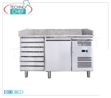 Refrigerated Pizza Counter 1 Door and 7 Drawers, Granite Top, Class C Ventilated REFRIGERATED PIZZA COUNTER 1 DOOR + CHEST OF DRAWERS, granite top, Temp.-2°/+8°C, Ventilated, ECOLOGICAL in CLASS C, GAS R600a, complete with refrigeration unit, V.230/1, Kw.0.275, Weight 304 Kg, .dim.mm.1510x800x1000h