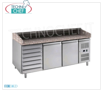 Pizza Counter 2 Doors, 7 Drawers, Granite Top, Ventilated, Ecological, Class C REFRIGERATED PIZZA COUNTER 2 DOORS + DRAWER, granite top with upstand on 3 sides, temperature -2 ° / + 8 ° C, Ventilated, ECOLOGICAL in CLASS C, GAS R600a, V.230 / 1, Kw.0,275, Weight 327 Kg , dim.mm.2020x800x1000h