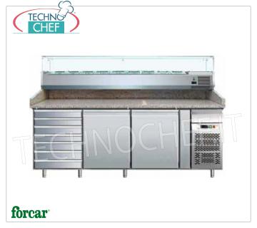 Pizza counter 2 DOORS, 7 drawers, with 330 or 380 mm DEEP display case, Class B Refrigerated pizza counter 2 DOORS + CHEST OF DRAWERS, with 330 mm deep refrigerated display case, capacity 10 GN 1/4 containers (265x162 mm), temperature +2/+8°C, Ventilated, ECOLOGICAL in Class B, Gas R290, V.230/ 1, Kw.0.26, dim.mm.2025x800x1445h