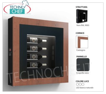 REFRIGERATED WINE BOX, 4 BOTTLES, Temp.+12°/+18° REFRIGERATED wine panel, 4 Bottles, version with: BLACK Structure, BLACK ECO-LEATHER Panel, CHESTNUT COLOR LAMINATE Frame, Natural White LED Light, Temp.+12°/+18°, V.230/1, Kw.0,06 , Weight 30 Kg, dim.mm.780x780x155h