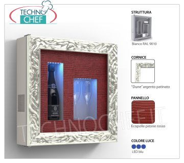REFRIGERATED WINE PANEL, 1 BOTTLE and 2 GLASSES, Temp. + 4 ° / + 10 ° REFRIGERATED wine cabinet, 1 Bottle and 2 Glasses, version with: WHITE structure, RED PYTHON ECO-LEATHER panel, PATINATED SILVER DUNE frame, Blue LED light, Temp. + 4 ° / + 10 °, V.230 / 1, Kw.0 , 03, Weight 22 Kg, dim.mm.600x600x155h