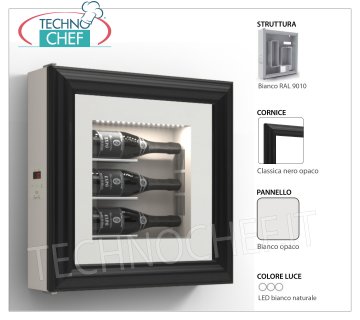 REFRIGERATED WINE PANEL, 3 BOTTLES, Temp. + 8 ° / + 14 ° REFRIGERATED wine cabinet, 3 Bottles, version with: WHITE structure, MATT WHITE panel, CLASSIC MATT BLACK frame, Natural white LED light, Temp. + 8 ° / + 14 °, V.230 / 1, Kw.0.06, Weight 22 Kg, dim.mm.600x600x155h