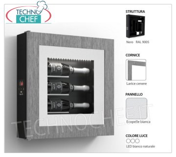 REFRIGERATED WINE BOX, 3 BOTTLES, Temp.+8°/+14° REFRIGERATED wine panel, 3 bottles, version with: BLACK structure, WHITE ECO-LEATHER panel, ASH LARCH color LAMINATE frame, Natural white LED light, Temp.+8°/+14°, V.230/1, Kw.0, 06, Weight 22 Kg, dim.mm.600x600x155h