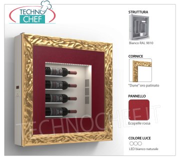 REFRIGERATED WINE PANEL, 4 BOTTLES, Temp. + 12 ° / + 18 ° REFRIGERATED wine panel, 4 Bottles, version with: WHITE structure, RED ECO-LEATHER panel, DUNE GOLD PATINATED frame, Natural white LED light, Temp. + 12 ° / + 18 °, V.230 / 1, Kw.0,06, Weight 30 Kg, dim.mm.780x780x155h