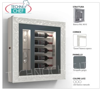 REFRIGERATED WINE PANEL, 5 BOTTLES and 2 GLASSES, Temp. + 12 ° / + 18 ° REFRIGERATED wine cabinet, 5 Bottles and 2 Glasses, version with: WHITE structure, GRAY ECO-LEATHER panel, DUNE WHITE MATT frame, Natural white LED light, Temp. + 12 ° / + 18 °, V.230 / 1, Kw.0 , 06, Weight 30 Kg, dim.mm.780x780x155h