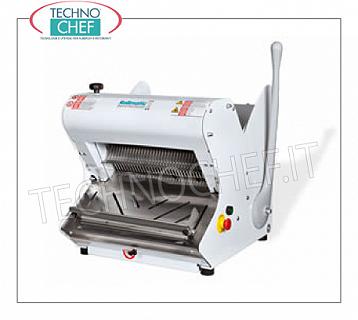 Electric bread slicer for Hard Crust Loafs max 42 cm long ELECTRIC BREAD SLICER with MANUAL HALF LEVER CONTROL, for LUNCH BREAD with HARD CRUST, max length 42 cm, cutting height up to 18 cm, slice thickness from 7 to 18 mm, motor from Kw. 0,75, V. 400/3, Weight 101 Kg, dim.mm.557x604x595h