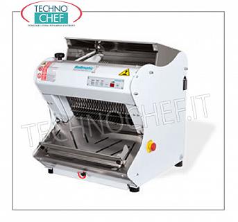 Automatic Electric Bread Cutter for Hard Crust Loaves, 42 cm long ELECTRIC, AUTOMATIC, PROGRAMMABLE BREAD SLICER, with top cover for LUNCH BREAD with HARD CRUST, max length 42 cm, cutting height up to 18 cm, slice thickness at choice from 7 to 18 mm, motor from Kw. 0,75, V .400 / 3, Weight 101 Kg, dim.mm.557x604x595h