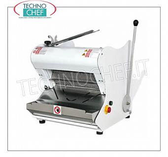 Electric Bread Cutter for Loaves with soft rind, max length 42 cm ELECTRIC BREAD SLICER with HALF LEVER MANUAL CONTROL, for LUNCH BREAD with SOFT CRUST, max length 42 cm, cutting height up to 18 cm, slice thickness of choice from 7 to 18 mm, motor from Kw. 0,55, V. 400/3, Weight 98 Kg, dim.mm.557x604x595h