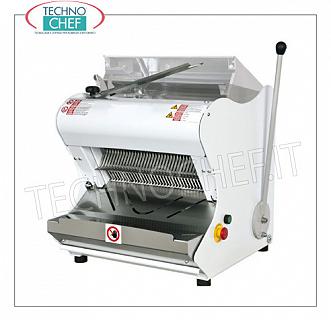 Electric bread cutter with Cover for Loaves with soft rind, max length 42 cm ELECTRIC BREAD SLICER with HALF LEVER MANUAL CONTROL, UPPER COVER for LUNCH BREAD with SOFT CRUST, max length 42 cm, cutting height up to 18 cm, slice thickness from 7 to 18 mm, motor from Kw. 0,55, V.400 / 3, Weight 98 Kg, dim.mm.557x604x595h