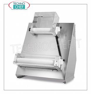 Pizza dough with 2 pairs of 400 mm parallel rollers, mod. SPR40PA STENDIPIZA in STAINLESS STEEL with 2 PAIRS of LONG PARALLEL ROLLERS mm 400, for PIZZA DISCS from: 260 to 400 mm., LETTUCES from 220 to 1000 grams, V 230/1, kw 0.37, Weight 38 Kg, dimensions mm 550x365x750h