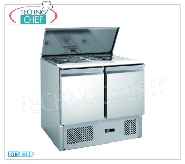 Refrigerated Saladette 2 Doors, Arranged for 2 GN 1/1 and 1/6 pans, mod .G-S900-FC Refrigerated saladette for salads with 2 DOORS, capacity 2 GN 1/1 containers + 3 GN 1/6 containers, Temp. + 2 ° / + 8 ° C, Static, ECOLOGICAL Gas R600a, V.230 / 1, Kw.0,235, Weight 65 Kg, dim.mm.900x700x850h