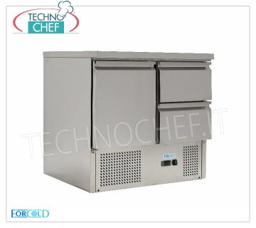 Forcold-Fridge/Refrigerated Table 1 Door+2 Drawers, Temp.+2°/+10°C, lt.230, Static, mod.G-S9012D-FC Refrigerated Table 1 Door and 2 Drawers, Professional, capacity 230 litres, Temperature +2°/+10°C, Static refrigeration, Gastro-Norm 1/1, Gas R600a, V.230/1, Kw.0,235, Weight 71 Kg, dim.mm.900x700x850h