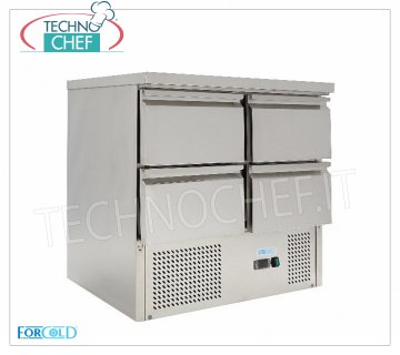 Forcold - Fridge / Refrigerated Table 4 Drawers, Temp. + 2 ° / + 10 ° C, lt. 220, Static, mod.G-S9014D-FC Refrigerated Table with 4 Drawers, Professional, capacity 220 lt, Temperature + 2 ° / + 10 ° C, Static refrigeration, Gastro-Norm 1/1, Gas R600a, V.230 / 1, Kw.0,235, Weight 80 Kg, dim.mm.900x700x850h