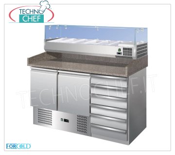 Refrigerated Pizza Counter, 2 Doors, 6 Drawers, Granite Top and Display Case for 1/3 or 1/4 gn Ingredients Refrigerated pizza counter 2 doors + chest of drawers, with refrigerated display case 330 mm deep, capacity 6 GN 1/4 containers (265x162 mm), ventilated temp. +2°/+8°C, ECOLOGICAL in Class E, Gas R600a, V.230 /1, Kw.0,235, Weight Kg. 280, dim.mm.1420x700x1455h