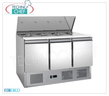 Refrigerated Saladette 3 Doors, designed for 4 GN 1/1 pans, mod. S903-FC Refrigerated saladette for salads with 3 DOORS, capacity 4 GN 1/1 containers (530x325 mm), Temp. + 2 ° / + 8 ° C, Ventilated, ECOLOGICAL Gas R600a, V.230 / 1, Kw.0,235, Weight 104 Kg, dim.mm.1365x700x865h