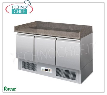 GN Refrigerated Pizza Counter, 3 DOORS, GRANITE top with splashback on 3 sides, Class C REFRIGERATED PIZZA COUNTER with 3 DOORS, GRANITE top, Temp.+2°/+8°C, Static, ECOLOGICAL in Class C, Gas R600a, V.230/1, Kw.0.235, Weight 170 Kg, dim.mm. 1400x700x1020h