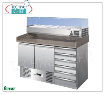 Pizza counter INOX 304, 2 Doors, 6 Drawers and 1/3 or 1/4 GN Ingredients Showcase, Class C Refrigerated pizza counter with 2 doors, chest of drawers with 6 drawers, with 330 mm deep refrigerated display case, capacity 6 GN 1/4 containers (265x162 mm), temp. + 2 ° / + 8 ° C, Static, ECOLOGICAL in CLASS C, Gas R600a, V.230 / 1, Kw.0,155, dim.mm.1400x700x1465h