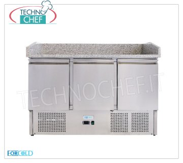 3 DOOR Refrigerated Pizza Counter, GRANITE Top, ECOLOGICAL, Class E REFRIGERATED PIZZA COUNTER with 3 DOORS, GRANITE top, temp.+2°/+8°C, ECOLOGICAL in Class E, Gas R600a, V.230/1, Kw.0,435, Weight 198 Kg, dim.mm.1400x700x1020h