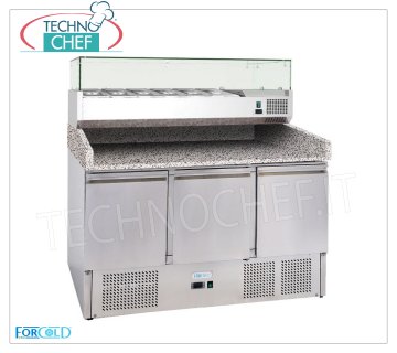 3 DOOR Refrigerated Pizza Counter, GRANITE Top and 1/3 or 1/4 gn Ingredients Display Case, Class E 3-door refrigerated pizza counter, with 330 mm deep refrigerated display case, capacity 6 GN 1/4 containers (265x162 mm), ventilated temp.+2°/+8°C, ECOLOGICAL in Class E, Gas R600a, V.230/1 , Kw.0,435, dim.mm.1400x700x1455h