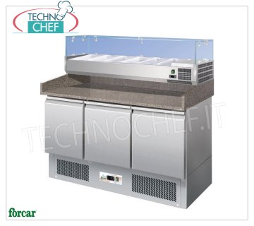 Refrigerated Pizza Counter 3 DOORS, GRANITE top and 1/3 or 1/4 gn Ingredients Showcase, Class C REFRIGERATED PIZZA COUNTER with 3 DOORS, GRANITE top with refrigerated display case 330 mm deep, capacity 6 GN 1/4 pans (265x162 mm), temp. + 2 ° / + 8 ° C, Static, ECOLOGICAL in Class C, Gas R600a, V.230 / 1, Kw.0,235, dim.mm.1400x700x1465h