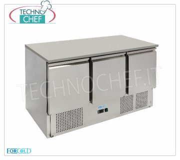 Forcold - Fridge / Refrigerated Table 3 Doors, Temp. + 2 ° / + 8 ° C, lt. 368, Static, mod.G-S903TOP-FC Refrigerated Table 3 Doors, Professional, capacity 368 lt, Temperature + 2 ° / + 8 ° C, Static refrigeration, Gastro-Norm 1/1, ECOLOGICAL in Class E, Gas R600a, V.230 / 1, Kw.0,235, Weight 110 Kg, dimensions mm.1365x700x850h