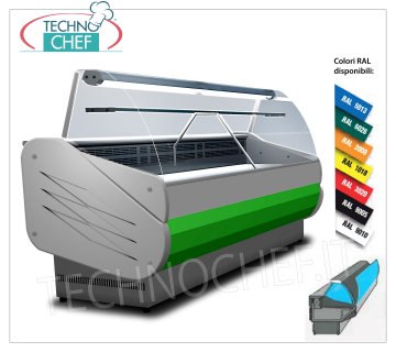 EXHIBITION REFRIGERATOR with DEEP TOP cm 56, CURVED GLASSES, SEMI-VENTILATED, Temp. 3 ° / + 5 ° C REFRIGERATED DISPLAY COUNTER, SALINA 80 line, semi-ventilated, temp. + 3 ° / + 5 ° C, version with CURVED GLASSES that can be opened DOWNWARDS, 56 cm deep display surface, complete with REFRIGERATED RESERVE, V.230 / 1, Kw .0,712, Weight 125 Kg, dim.mm.1040x900x1262h