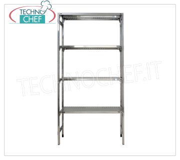 TECHNOCHEF - Stainless steel shelf, module with 4 slotted shelves, 30 cm deep, 200 cm high. Shelving 304 stainless steel Shelving with 4 slotted shelves, Global capacity 4x100 Kg, hook mounting, module 60x30x200h cm