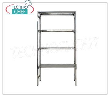 TECHNOCHEF - Stainless steel shelf, module with 4 slotted shelves, 30 cm deep, 180 cm high. Polished 304 stainless steel shelving with 4 slotted shelves, 4x100 Kg global capacity, hook mounting, 60x30x180h cm module