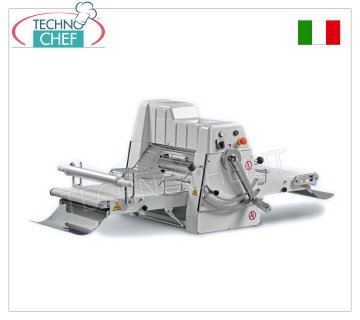 PASTRY SHEETER, with 95x50 cm BELTS equipped with Puff Collector, mod. SF-B500-95 Professional countertop pastry sheeter with 950x500 mm BELTS-MATCHES equipped with UNDERPLATE for FLOUR and PASTRY COLLECTOR, mm ROLLING ROLLERS. 500 with opening from: 0 to 35 mm, weight 126 kg, 0.75 kW, dim. open mm. 2320x880x650h
