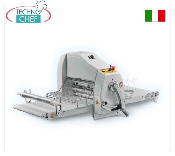 Professional pastry sheeter with 71x50 cm RIBBONS, mod. SF-BECO-71 Countertop Pastry Sheeter, with BELTS-MATCHES, 71x50 cm, MANUAL CONTROLS, Folding Tables 710 mm long, ROLLING ROLLERS mm. 500, ROLLER OPENING from: 0 to 40 mm, Weight 90 Kg, kw 0.55, dim. open mm. 1480x870x600