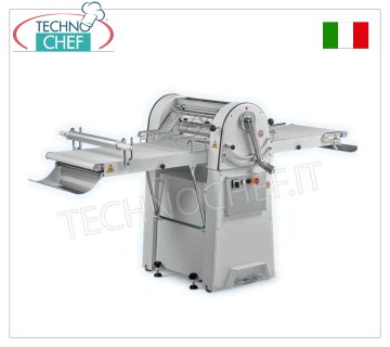 PASTRY SHEETER WITH 95x50 cm BELTS, Removable Tables, mod. SF-E500-95 Professional pastry sheeter with 950x500 mm BELTS-MATS equipped with UNDERTABLE for FLOUR and PASTRY COLLECTOR, REMOVABLE tables, 500 mm ROLLING rollers adjustable from 0 to 35 mm, weight 162 kg, 0.75 kw, dim. open mm 2320x930x1100h