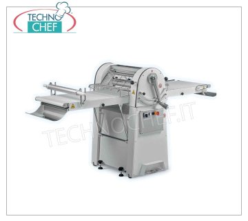 PASTRY SHEETER with 71x50 cm RIBBONS equipped with Sheet Collector, mod. SF-500-71 Professional Pastry Sheeter with 710x500 mm BELTS-CARPETS equipped with FLOUR UNDER-TOP and DOUGH COLLECTOR, LAMINATION rollers mm. 500 adjustable from: 0 to 35 mm, Weight Kg 150, kw 0,75, dim. open mm. 1800x880x1100h