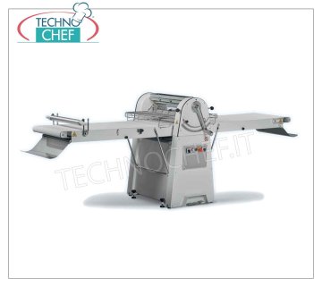 PASTRY SHEETER with 71x60 cm RIBBONS, Pull-out Tables, mod. SF-600-71 Professional Pastry Sheeter with 710x600 mm BELTS-CARPETS equipped with FLOUR UNDER-TOP and DOUGH COLLECTOR, REMOVABLE Tables, 600 mm LAMINATION rollers adjustable from 0 to 35 mm Weight 188 kg, 0.75 kw, open size mm.1820x1010x1160h
