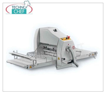 Professional sheeter for pastry with ribbons 71x50 cm, mod. SF-BECO-71 Counter Pastry Sheeter, with BELTS-CARPETS, 71x50 cm, MANUAL CONTROLS, 710 mm Long Folding TABLES, LAMINATION ROLLS mm. 500, ROLLS OPENING from: 0 to 40 mm, Weight Kg 90, kw 0,55, dim. open mm. 1480x870x600