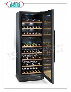 Refrigerated Cellar 1 glass door, capacity 96 bottles, double temperature REFRIGERATED CELLAR with 1 glass door, 96 BOTTLES CAPACITY, automatic defrost, double temperature: + 5 ° + 12 ° C / + 12 ° + 22 ° C, led lighting, V.230 / 1, Kw.0.15, dim.mm.595x590x1640h