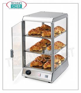 Hot counter display cases DISPLAY HOT EXHIBITOR bench with 3 FLOORS mm.280x330, ALUMINUM STRUCTURE, plexiglass on 4 sides, HINGED DOOR operator side, temperature from + 30 ° to + 70 ° C, with water tank to humidify, V.230 / 1 , Kw.0.45, Weight Kg.16, dim.mm.400x450x570h